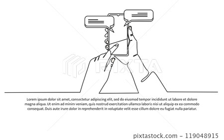 One continuous line design of hand holds the smartphone with messenger application. Decorative elements drawn on a white background. 119048915