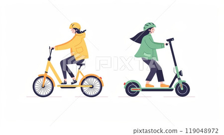 Cyclists on scooters and bikes, white background 119048972