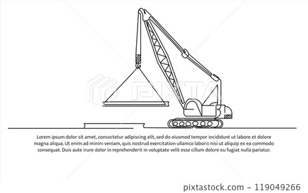 Crane truck one continuous line design. Construction transport symbol vector. Decorative elements drawn on a white background. Crane truck one continuous line design. Construction transport symbol vector. Decorative elements drawn on a white background. 119049266