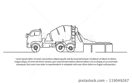 Cement mixer truck one continuous line design. Construction transport symbol vector. Decorative elements drawn on a white background. 119049267