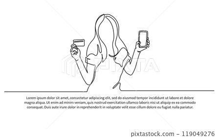 Electronic digital payment one continuous line design. Illustration of a female model holding a cell phone and a debit card. Decorative elements drawn on a white background. 119049276