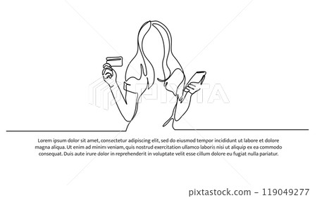 Electronic digital payment one continuous line design. Illustration of a female model holding a cell phone and a debit card. Decorative elements drawn on a white background. 119049277