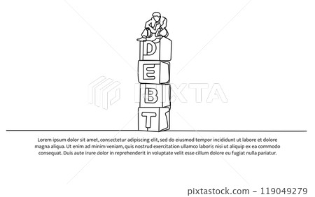 Financial symbol one continuous line design. Illustration of a man stressed because of debt. Decorative elements drawn on a white background. 119049279