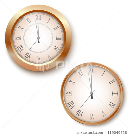 Golden Roman Numeral Clocks Counting Down to New Year s Eve Midnight. Vector Golden Roman Numeral Clocks Counting Down to New Year s Eve Midnight. Vector 119049858