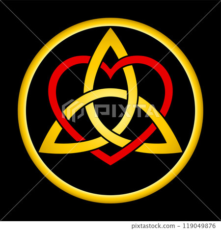 Golden interlaced triquetra, interwoven with a red heart symbol, within gold colored circle frame over black. A Celtic knot and triangular figure, intertwined with a heart symbol, within a border. Golden interlaced triquetra, interwoven with a red heart symbol, within gold colored circle frame over black. A Celtic knot and triangular figure, intertwined with a heart symbol, within a border. 119049876