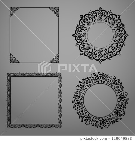 Set of decorative frames Elegant vector element for design in Eastern style, place for text. Floral black and gray borders. Lace illustration for invitations and greeting cards Set of decorative frames Elegant vector element for design in Eastern style, place for text. Floral black and gray borders. Lace illustration for invitations and greeting cards 119049888