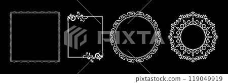 Set of decorative frames Elegant vector element for design in Eastern style, place for text. Floral black and white borders. Lace illustration for invitations and greeting cards. Set of decorative frames Elegant vector element for design in Eastern style, place for text. Floral black and white borders. Lace illustration for invitations and greeting cards. 119049919
