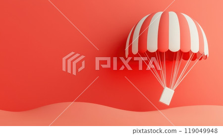A colorful striped parachute floating gracefully against a vibrant coral background, evoking a sense of adventure and fun. 119049948