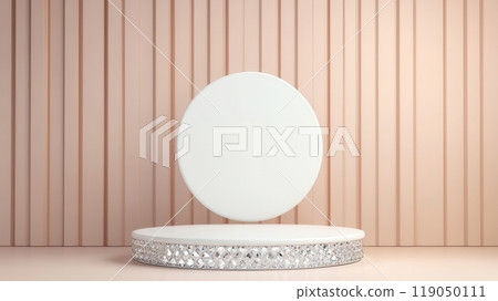 Elegant display of a round pedestal against a textured wall, perfect for showcasing products or artistic presentations. 119050111