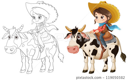 Girl Riding a Cow Illustration Girl Riding a Cow Illustration 119050382