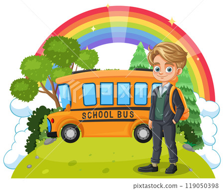 Boy with School Bus and Rainbow Boy with School Bus and Rainbow 119050398