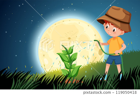 Child Watering Plant Under Moonlight Child Watering Plant Under Moonlight 119050418
