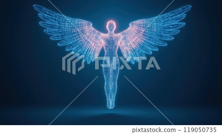 Digital wireframe angel figure with glowing wings Digital wireframe angel figure with glowing wings 119050735
