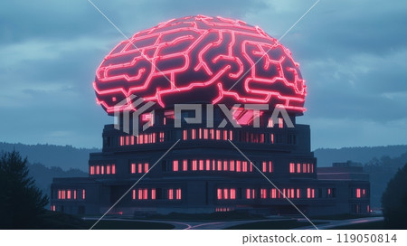 Futuristic building with neon brain design. 119050814