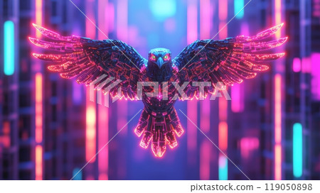 Neon glowing wireframe eagle, futuristic background 119050898