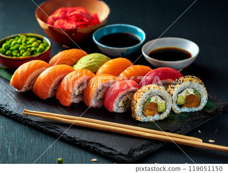 Sushi served on a plate 119051150