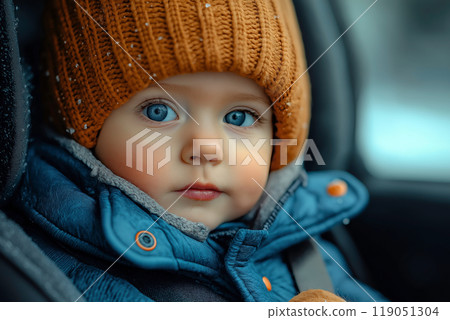 Baby in a car seat in winter 119051304