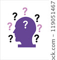 Vector illustration of a head and question marks, showing of over thinking, dementia, forgetfulness, ADHD 119051467