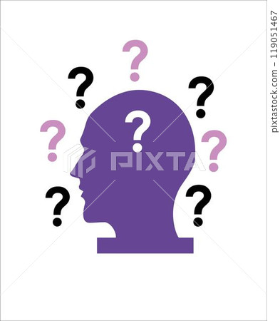 Vector illustration of a head and question marks, showing of over thinking, dementia, forgetfulness, ADHD Vector illustration of a head and question marks, showing of over thinking, dementia, forgetfulness, ADHD 119051467