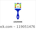 Paint brush tool with spectrum rainbow colors, suitable for painter service, with a paint and paintbrush and white silhouette of a house, this illustration is perfect for painting industry 119051476