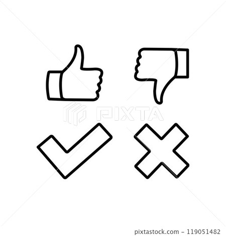 Thumb up, down, tick, and cross icon in line style. Like, dislike, checkmark, and x mark concept Thumb up, down, tick, and cross icon in line style. Like, dislike, checkmark, and x mark concept 119051482