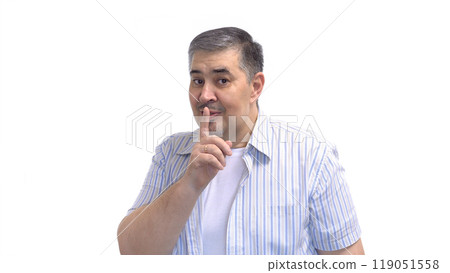 Man Smiling Mischievously with Finger to Lips. Isolated on White Background. 119051558