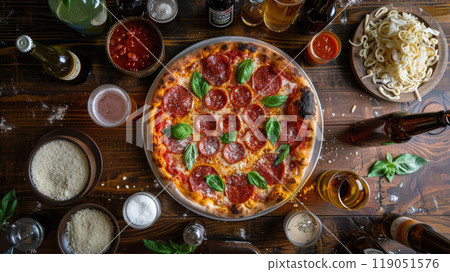 Top view of a rustic wooden table with a large, freshly baked pepperoni pizza surrounded by cold craft beer bottles and glasses. Small bowls with sauces and fresh ingredients 119051576