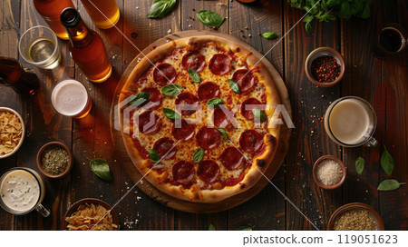 Top view of a rustic wooden table with a large, freshly baked pepperoni pizza surrounded by cold craft beer bottles and glasses. Small bowls with sauces and fresh ingredients 119051623