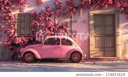 A pink car parked in front of a house with pink flowers growing on the wall. 119051629