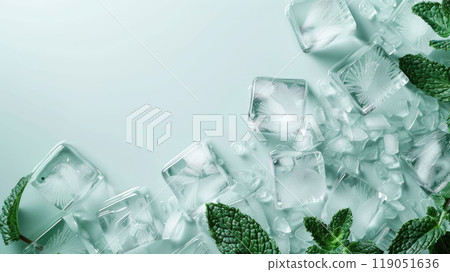 Ice Cubes with mint leaves background. Flat lay with space for text. Copy space. 119051636