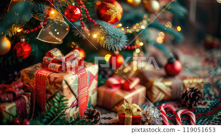 Wrapped presents under the Christmas tree. Around the gifts are sprigs of fir branches and pinecones. The tree is decorated with colorful balls, ribbons, and glowing garlands. 119051653
