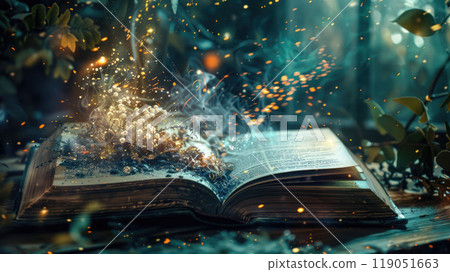 Magic open book with glowing lights and magic powder floating on the book. Learning, education, knowledge and religion concept. Magic open book with glowing lights and magic powder floating on the book. Learning, education, knowledge and religion concept. 119051663