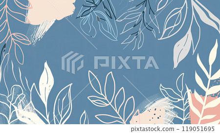 Blue background, featuring white lines of abstract leaves and plants. Hand-drawn style, a simple design and minimalist art. Blue background, featuring white lines of abstract leaves and plants. Hand-drawn style, a simple design and minimalist art. 119051695