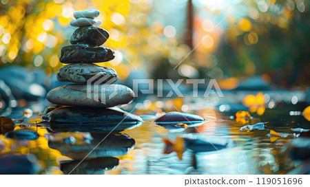 Stacked zen stones in the water. The scene is peaceful and serene, with the water reflecting the surrounding trees and the sky. Meditating in nature. 119051696