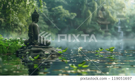 A statue of a person is sitting on a rock in front of a body of water. The scene is peaceful and serene, with the water reflecting the surrounding trees and the sky. Meditating in nature. A statue of a person is sitting on a rock in front of a body of water. The scene is peaceful and serene, with the water reflecting the surrounding trees and the sky. Meditating in nature. 119051697