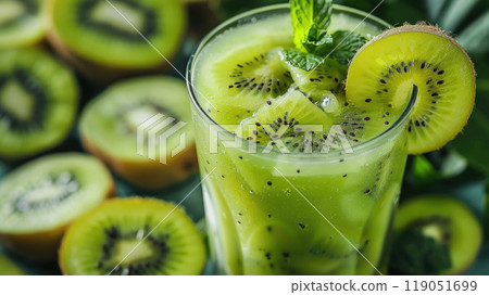 Close-up of a refreshing kiwi smoothie in a clear glass with kiwi slices placed on the rim. The drink is surrounded by fresh kiwi fruits and a few mint leaves for garnish. Close-up of a refreshing kiwi smoothie in a clear glass with kiwi slices placed on the rim. The drink is surrounded by fresh kiwi fruits and a few mint leaves for garnish. 119051699