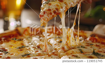 Close-up of a hand lifting a slice of cheesy margherita pizza from a hot, stone-baked pie, with a frosty pint of golden beer in the background. 119051745