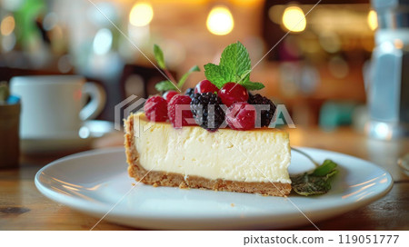 Close-up of a freshly baked slice of cheesecake topped with juicy berries and mint leaves, placed on a white plate. 119051777