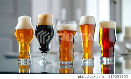 Different types of beer served in elegant glasses: dark stout, pale ale, and wheat beer, arranged on a modern glass table. 119051803