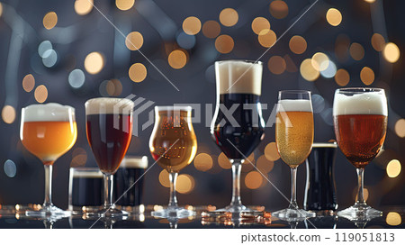Different types of beer served in elegant glasses: dark stout, pale ale, and wheat beer, arranged on a modern glass table. 119051813