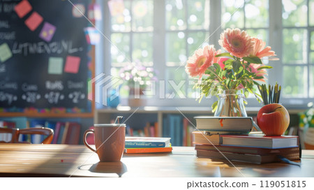 Teacher's desk in a classroom, neatly organized with books, an apple, a coffee mug, and a bouquet of flowers. Teacher's desk in a classroom, neatly organized with books, an apple, a coffee mug, and a bouquet of flowers. 119051815
