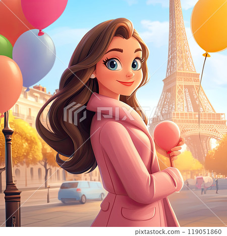Beautiful woman in a pink coat stands in front of the Eiffel Tower with balloons in her hand. Cartoon illustration. Beautiful woman in a pink coat stands in front of the Eiffel Tower with balloons in her hand. Cartoon illustration. 119051860
