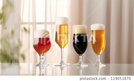Different types of beer served in elegant glasses: dark stout, pale ale, and wheat beer, arranged on a modern glass table. 119051870