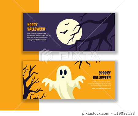 Halloween Night Horizontal Banner Flat Cartoon Hand Drawn Templates Background Illustration 119052158
