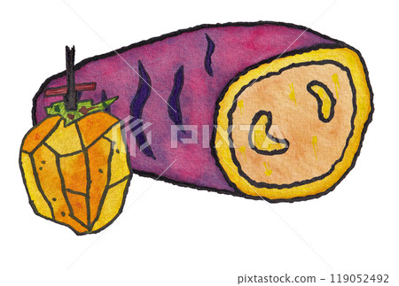 Hand-painted watercolor paintings (etegami) "roasted sweet potato" and "dried persimmon" 119052492