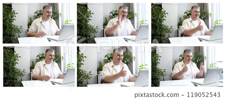 Man Smiling and Talking on Video Call at Desk. Multi-Image Set. 119052543