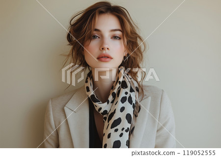 Elegant woman with leopard print scarf posing against neutral background 119052555