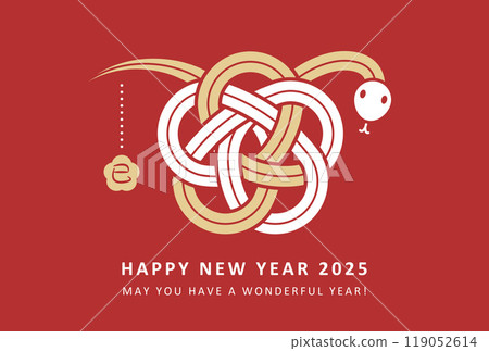 2025新年賀卡設計可愛的梅花水引風格蛇紅色背景 119052614
