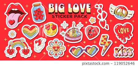 Cartoon groovy hippie love symbol stickers pack with hearts and lips kiss, vector icons. Groovy love stickers in retro cartoon with hippie rainbow and funny psychedelic character of strawberry heart 119052646
