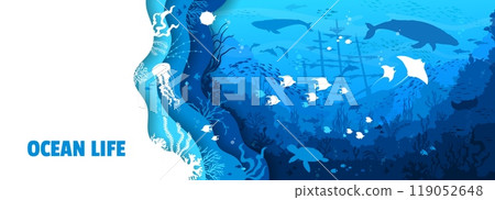 Paper cut underwater landscape with sunken ship and sea animal silhouettes, vector background. Sea or ocean undersea life with papercut whale, dolphin and turtle or stingray on sunken boat silhouette 119052648